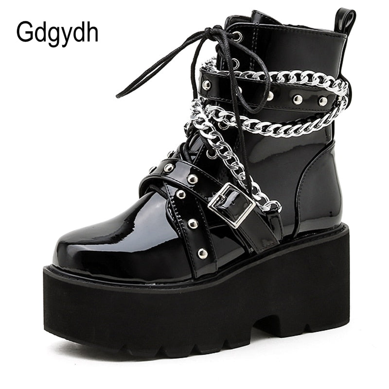Peris Gems Buckle Strap Chain Ankle Boots for Women | Thick Leather Platforms Buckle Strap Chain Ankle Boots for Women | Thick Platforms SHEIN Amazon Temu