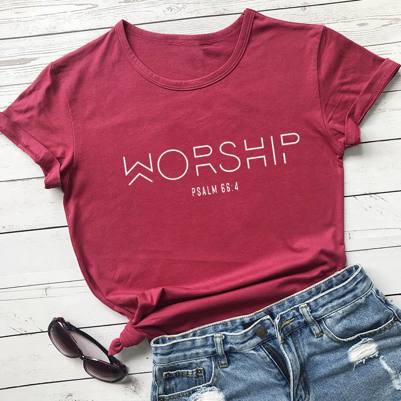 Peris Gems burgundy-white text / S Worship Psalm Verse 66:4 T-Shirt for Women | Cotton Faith Shirts Worship Psalm Verse 66:4 T-Shirt for Women | Faith Shirts SHEIN Amazon Temu