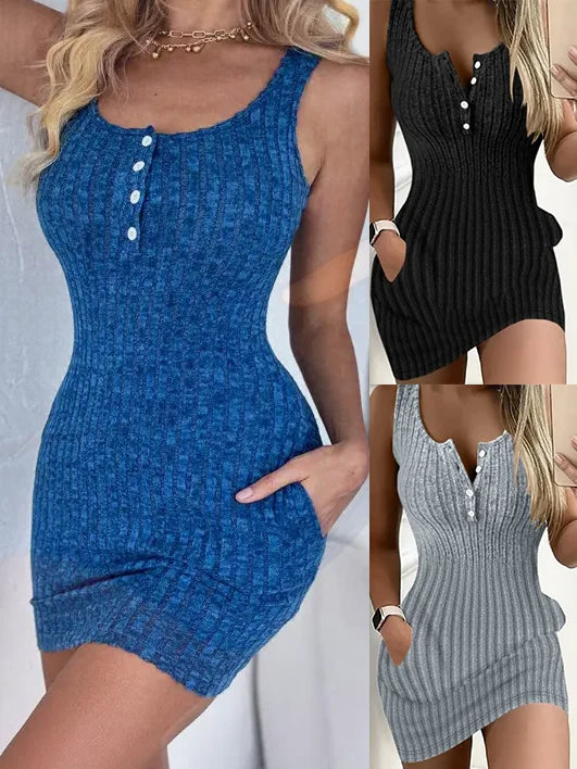 Peris Gems Button Front With Pocket Tank Dress Elegant Sleeveless Bodycon Dress For Spring Summer Women&