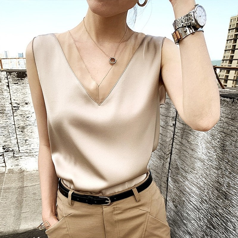 Peris Gems champagne / XXL Tunic Satin No Sleeve Shirt for Women | Elegant Silk Tops SHEIN Amazon Temu