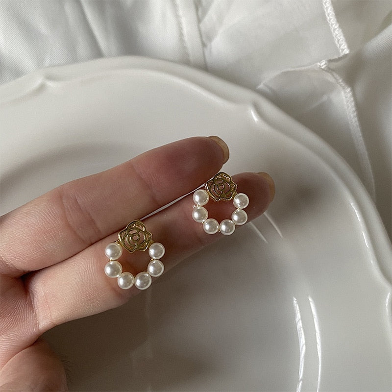 Peris Gems Circular Pearl Gold Stud Earrings for Women | Pearl Flower Earrings Circular Pearl Flower Gold Stud Earrings for Women SHEIN Amazon Temu