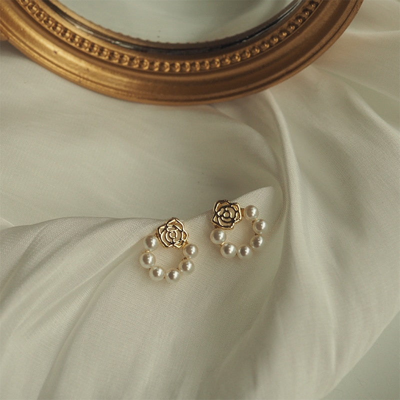 Peris Gems Circular Pearl Gold Stud Earrings for Women | Pearl Flower Earrings Circular Pearl Flower Gold Stud Earrings for Women SHEIN Amazon Temu