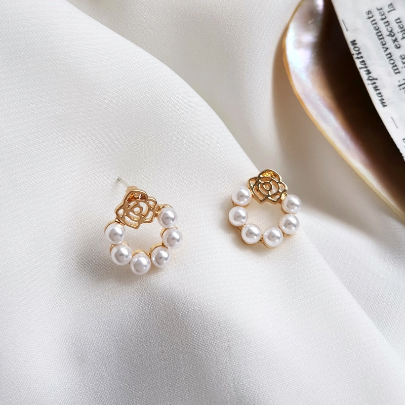 Peris Gems Circular Pearl Gold Stud Earrings for Women | Pearl Flower Earrings Circular Pearl Flower Gold Stud Earrings for Women SHEIN Amazon Temu