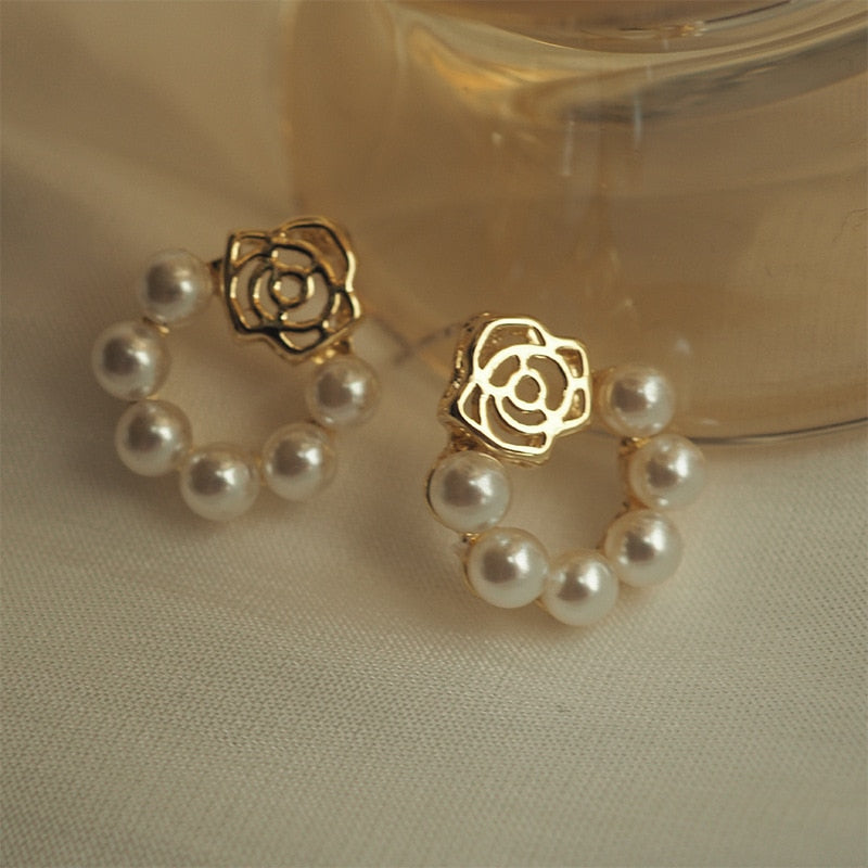 Peris Gems Circular Pearl Gold Stud Earrings for Women | Pearl Flower Earrings Circular Pearl Flower Gold Stud Earrings for Women SHEIN Amazon Temu