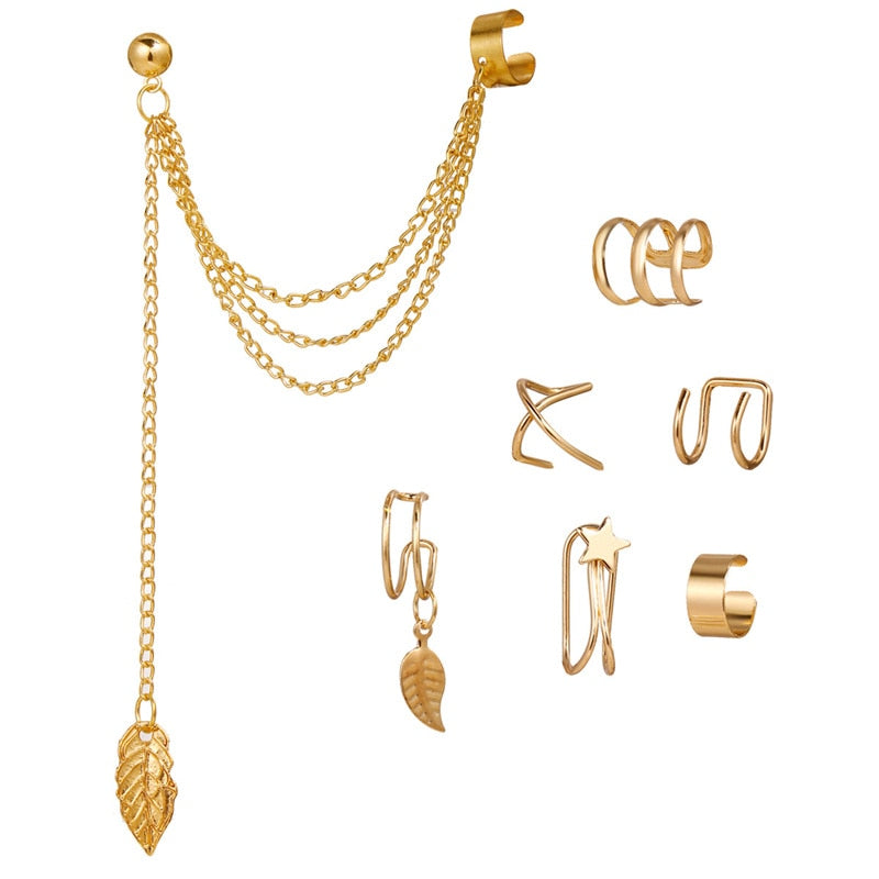 Peris Gems Clip-On 7pc Gold Leaf Earrings for Women | Non-Piercing Earrings Clip-On 7pc Gold Leaf Earrings for Women | Non-Piercing SHEIN Amazon Temu
