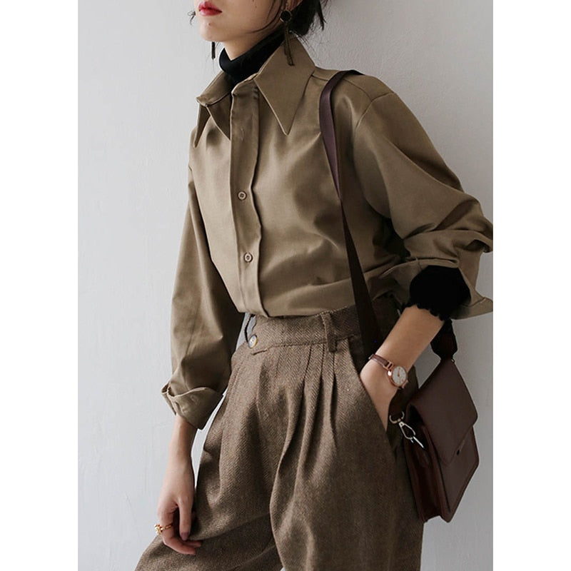Peris Gems Coffee Blouse for Women | Casual Solid Long Sleeve Shirt SHEIN Amazon Temu