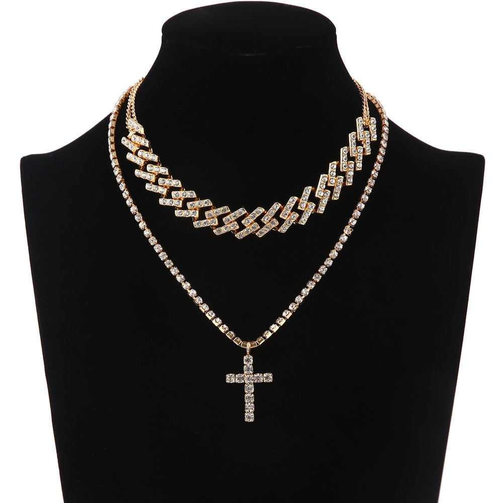 Peris Gems Cuban Link Jesus Cross Chain Necklace Set Unisex | Diamond Necklaces Cuban Link Jesus Cross Chain Necklace Set Unisex | Diamond SHEIN Amazon Temu