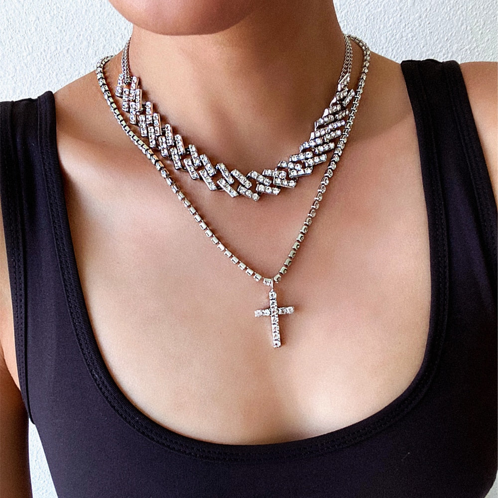Peris Gems Cuban Link Jesus Cross Chain Necklace Set Unisex | Diamond Necklaces Cuban Link Jesus Cross Chain Necklace Set Unisex | Diamond SHEIN Amazon Temu