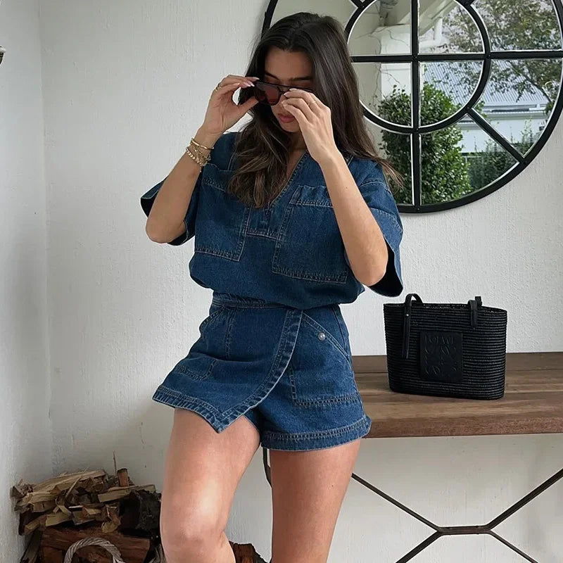 Peris Gems Culotte / S V-neck Denim T-shirt Short Skirt Sets Women Casual Loose Short Sleeve Pockets Tops Suit With Mini Skirt Lady Summer Chic Outfits V-neck Denim T-shirt Short Skirt Sets Women Casual Loose Short Sleeve Pockets Tops Suit With Mini Skirt Lady Summer Chic Outfits SHEIN Amazon Temu