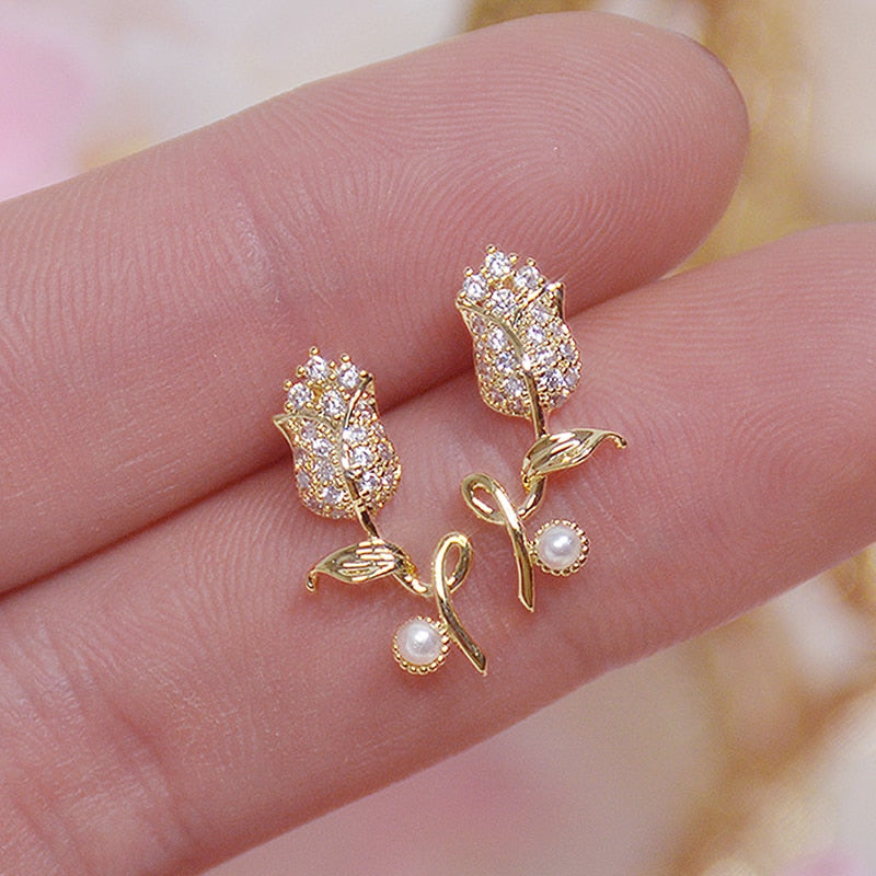 Peris Gems CZ Diamond Rose Flower Stud Earrings for Women | Gold Bohemian Earrings CZ Diamond Rose Flower Stud Earrings for Women | Bohemian SHEIN Amazon Temu