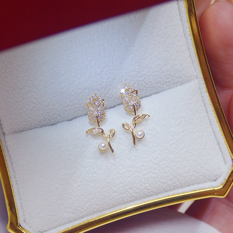 Peris Gems CZ Diamond Rose Flower Stud Earrings for Women | Gold Bohemian Earrings CZ Diamond Rose Flower Stud Earrings for Women | Bohemian SHEIN Amazon Temu