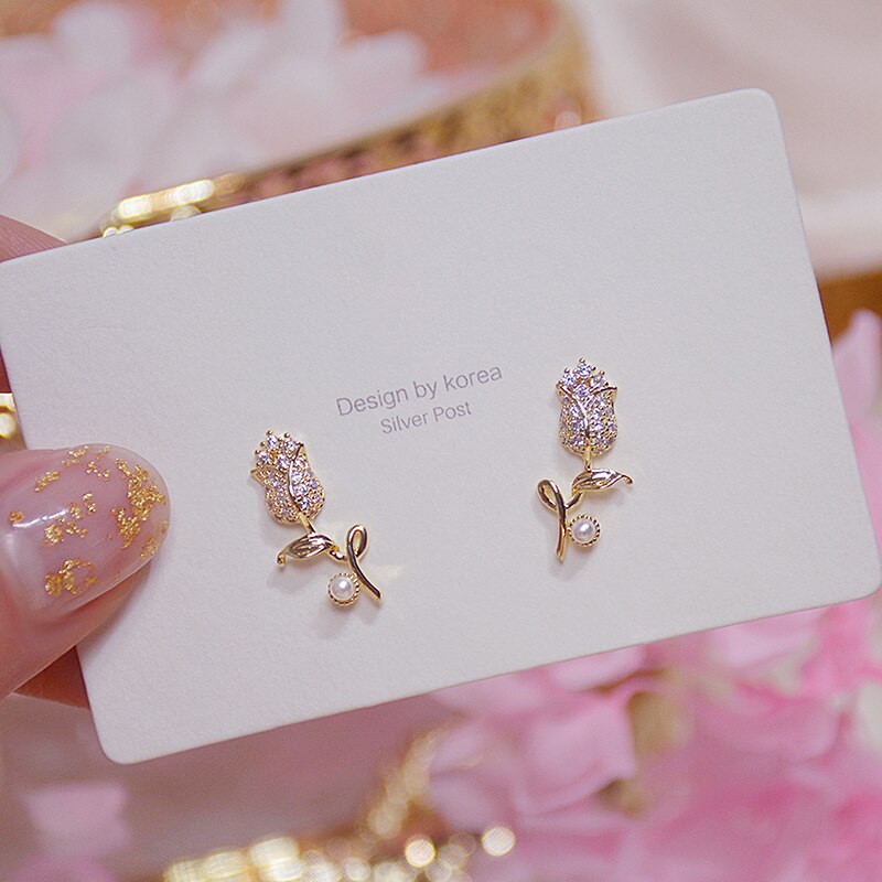 Peris Gems CZ Diamond Rose Flower Stud Earrings for Women | Gold Bohemian Earrings CZ Diamond Rose Flower Stud Earrings for Women | Bohemian SHEIN Amazon Temu