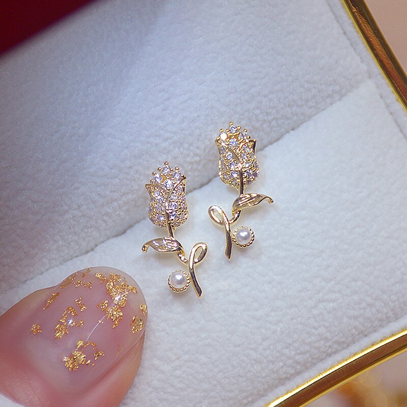 Peris Gems CZ Diamond Rose Flower Stud Earrings for Women | Gold Bohemian Earrings CZ Diamond Rose Flower Stud Earrings for Women | Bohemian SHEIN Amazon Temu