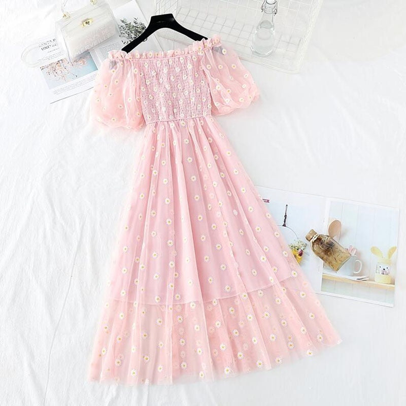Peris Gems Daisy Flower Embroidered Off Shoulder French Dress for Women SHEIN Amazon Temu