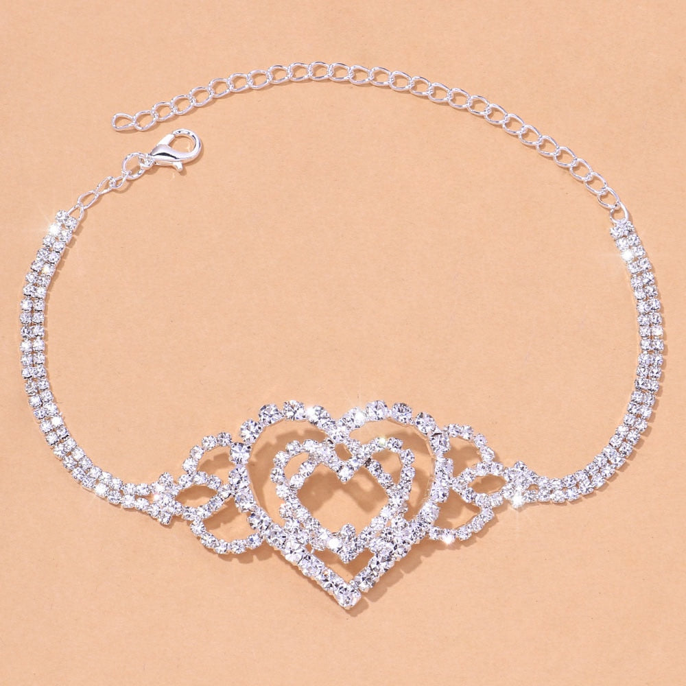 Peris Gems Diamond Double Heart Anklets for Women | Silver Rhinestone Anklets Diamond Double Heart Anklets for Women | Silver Anklets SHEIN Amazon Temu