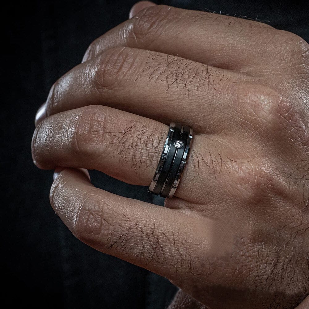 Peris Gems Double Groove Beveled Stainless Steel Ring Unisex | Black Brushed Inlay Zircon Double Groove Beveled Stainless Steel Ring Unisex | Brushed SHEIN Amazon Temu