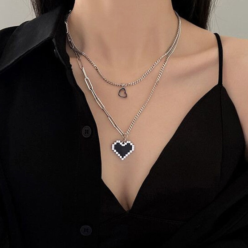 Peris Gems Double Hearts Black Pixel Heart Silver Necklace for Women SHEIN Amazon Temu