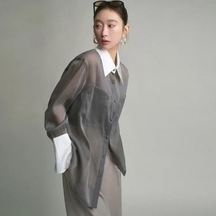 Peris Gems Elegant Fashion Lapel Neck Gray Shirts Women Early Autumn New Single Breasted Blusas Mujer Y2k Grunge Long Sleeve Loose Blouses Elegant Fashion Lapel Neck Gray Shirts Women Early Autumn New Single Breasted Blusas Mujer Y2k Grunge Long Sleeve Loose Blouses SHEIN Amazon Temu