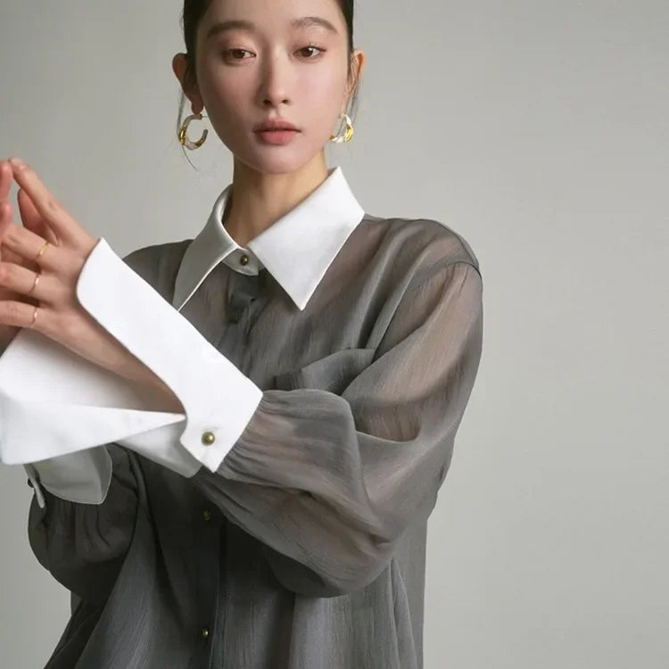 Peris Gems Elegant Fashion Lapel Neck Gray Shirts Women Early Autumn New Single Breasted Blusas Mujer Y2k Grunge Long Sleeve Loose Blouses Elegant Fashion Lapel Neck Gray Shirts Women Early Autumn New Single Breasted Blusas Mujer Y2k Grunge Long Sleeve Loose Blouses SHEIN Amazon Temu