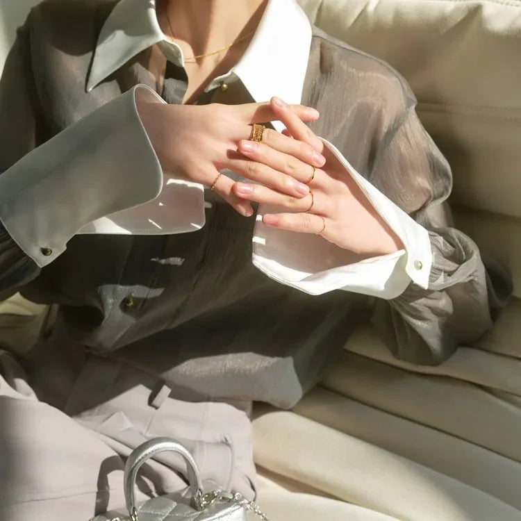 Peris Gems Elegant Fashion Lapel Neck Gray Shirts Women Early Autumn New Single Breasted Blusas Mujer Y2k Grunge Long Sleeve Loose Blouses Elegant Fashion Lapel Neck Gray Shirts Women Early Autumn New Single Breasted Blusas Mujer Y2k Grunge Long Sleeve Loose Blouses SHEIN Amazon Temu