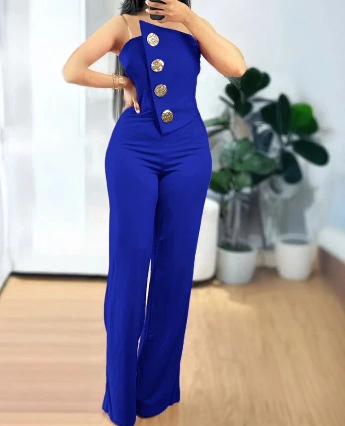 Peris Gems F / S Jumpsuit Women Off Shoulder Asymmetrical Bandeau Strapless Metal Button Decor High Waist Wide Leg Casual One Pieces Overalls Jumpsuit Women Off Shoulder Asymmetrical Bandeau Strapless Metal Button Decor High Waist Wide Leg Casual One Pieces Overalls SHEIN Amazon Temu