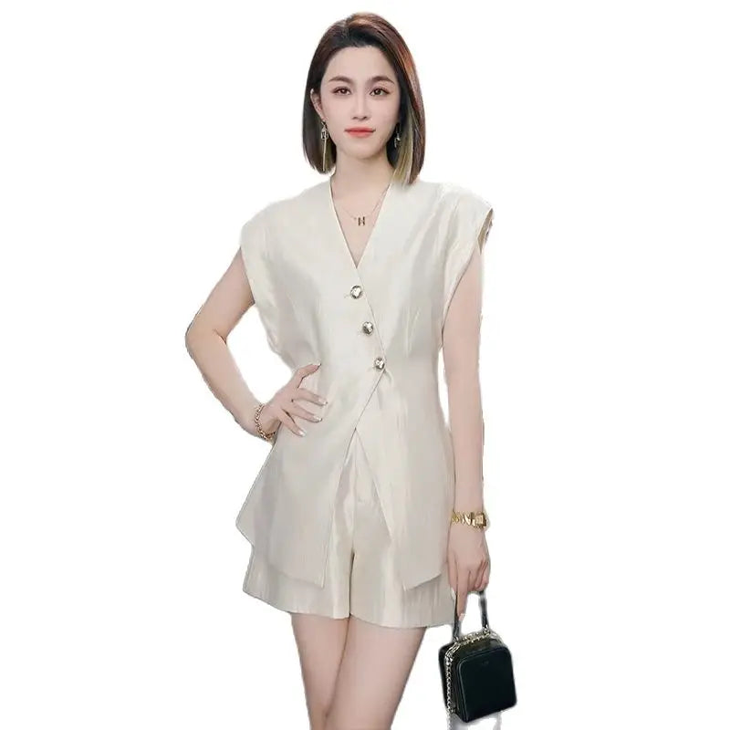 Peris Gems Fashion Summer Office Ladies Two Piece Set 2025 New High Quality Women V Neck Single Breasted Split Tops + Wide Leg Shorts Suits Fashion Summer Office Ladies Two Piece Set 2025 New High Quality Women V Neck Single Breasted Split Tops + Wide Leg Shorts Suits SHEIN Amazon Temu