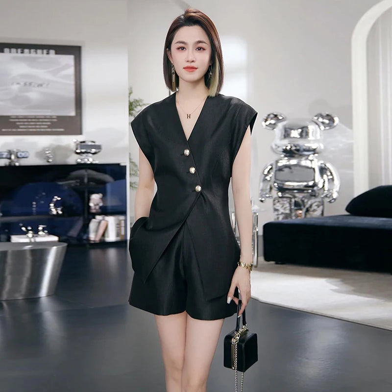 Peris Gems Fashion Summer Office Ladies Two Piece Set 2025 New High Quality Women V Neck Single Breasted Split Tops + Wide Leg Shorts Suits Fashion Summer Office Ladies Two Piece Set 2025 New High Quality Women V Neck Single Breasted Split Tops + Wide Leg Shorts Suits SHEIN Amazon Temu