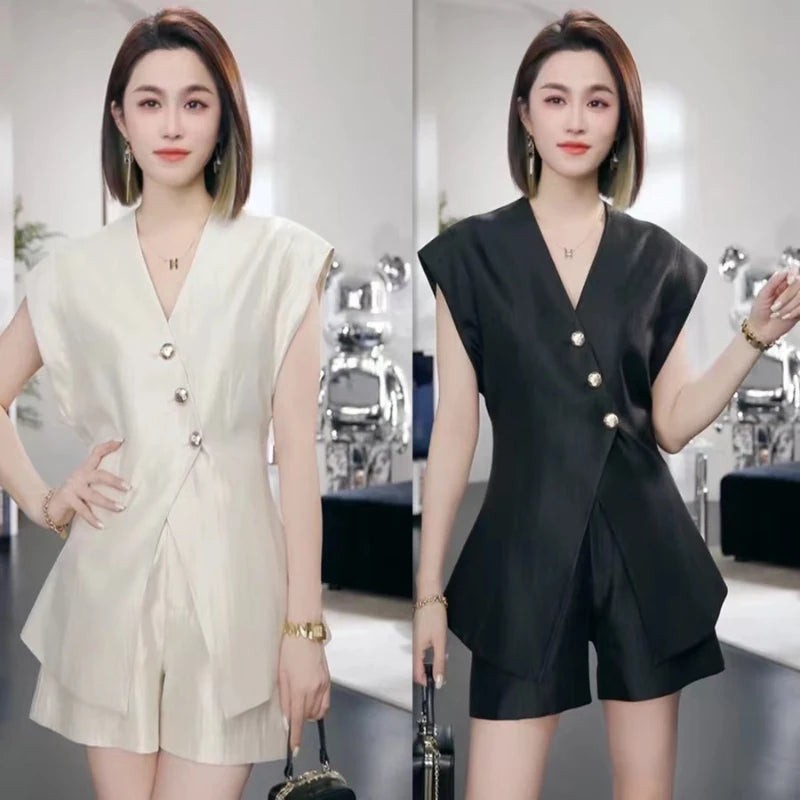 Peris Gems Fashion Summer Office Ladies Two Piece Set 2025 New High Quality Women V Neck Single Breasted Split Tops + Wide Leg Shorts Suits Fashion Summer Office Ladies Two Piece Set 2025 New High Quality Women V Neck Single Breasted Split Tops + Wide Leg Shorts Suits SHEIN Amazon Temu