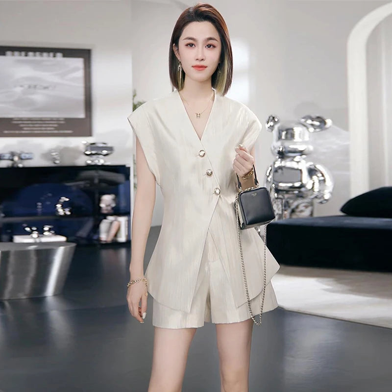 Peris Gems Fashion Summer Office Ladies Two Piece Set 2025 New High Quality Women V Neck Single Breasted Split Tops + Wide Leg Shorts Suits Fashion Summer Office Ladies Two Piece Set 2025 New High Quality Women V Neck Single Breasted Split Tops + Wide Leg Shorts Suits SHEIN Amazon Temu