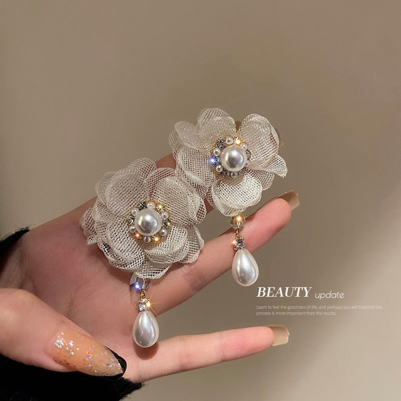 Peris Gems FF white Big Cloth Flower and Pearl Dangle Tassel Earrings for Women SHEIN Amazon Temu