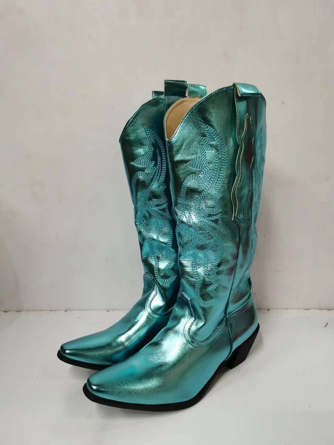 Peris Gems Flash Blue / 4.5 PU Leather Cowboy Boots for Women | Knee High Leather Boots SHEIN Amazon Temu