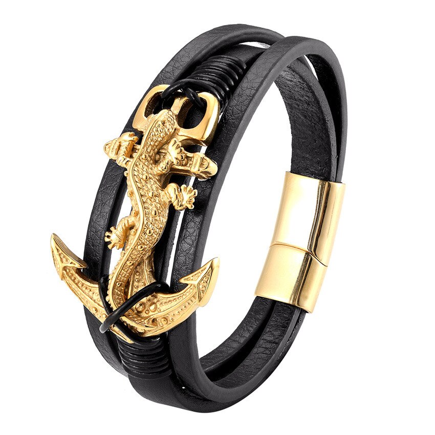 Peris Gems Gold / 19cm Leather Steel Anchor Bracelets for Men | Black Gecko Stainless Bracelets Leather Steel Anchor Bracelets for Men Black Gecko Stainless SHEIN Amazon Temu