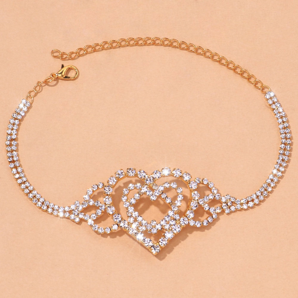 Peris Gems Gold Diamond Double Heart Anklets for Women | Silver Rhinestone Anklets Diamond Double Heart Anklets for Women | Silver Anklets SHEIN Amazon Temu