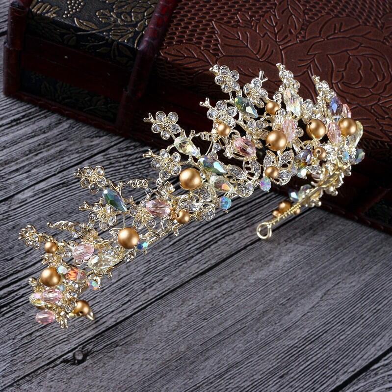 Peris Gems Gold Gold Baroque Crystal and Gold Crown Tiaras for Women | Princess Tiaras Baroque Crystal and Gold Crown Tiaras for Women SHEIN Amazon Temu
