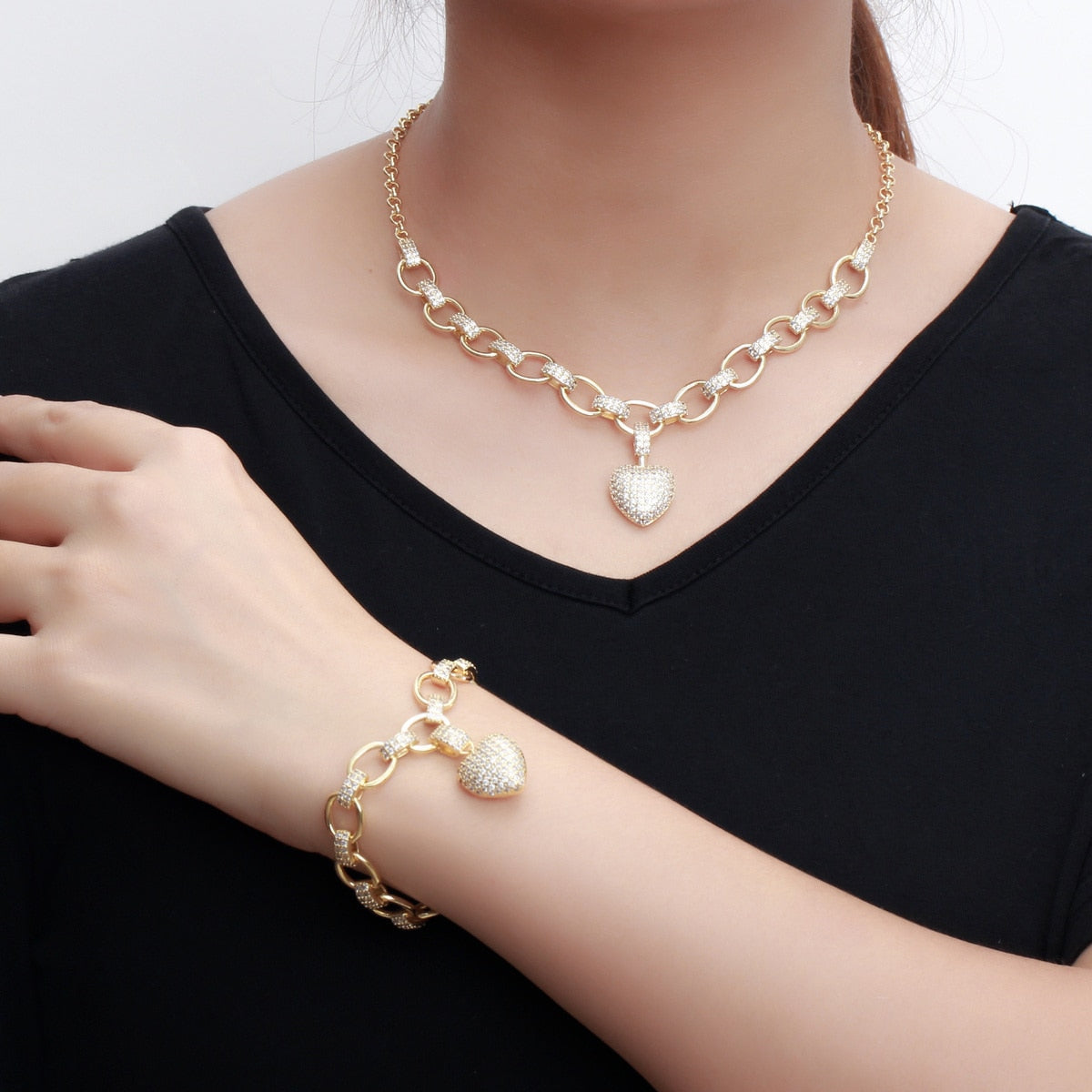 Peris Gems Gold Heart Dangle Necklace and Bracelet Set for Women | Love Heart Jewelry Gold Heart Dangle Necklace and Bracelet Set for Women SHEIN Amazon Temu