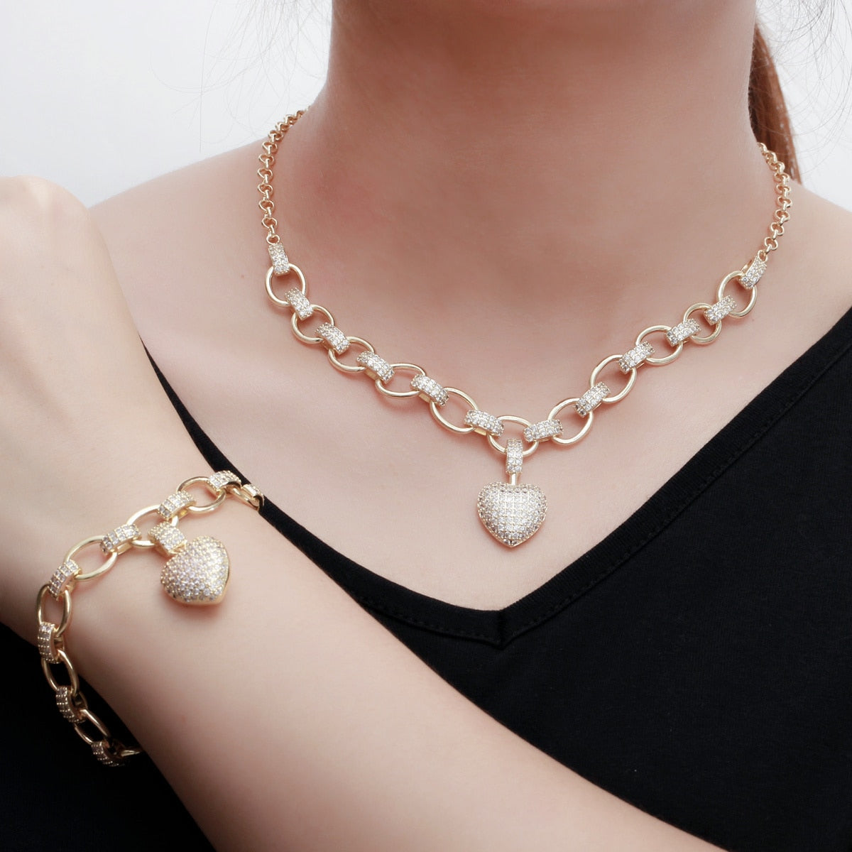 Peris Gems Gold Heart Dangle Necklace and Bracelet Set for Women | Love Heart Jewelry Gold Heart Dangle Necklace and Bracelet Set for Women SHEIN Amazon Temu