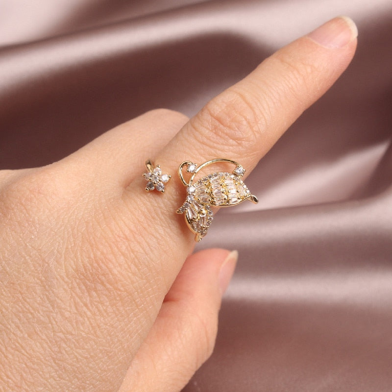 Peris Gems Gold / Resizable Inlaid Diamond Open Butterfly Rings for Women | Gold Butterfly Ring Inlaid Diamond Open Butterfly Rings for Women | Gold Ring SHEIN Amazon Temu