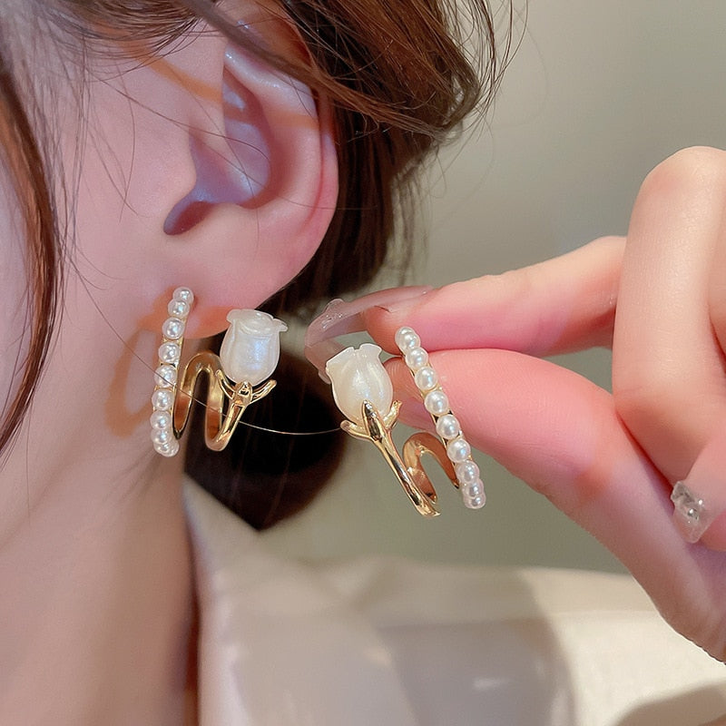 Peris Gems Gold Roses Luxury Pearl Tulip Flower Stud Earrings - Exquisite Zircon Party Earrings SHEIN Amazon Temu