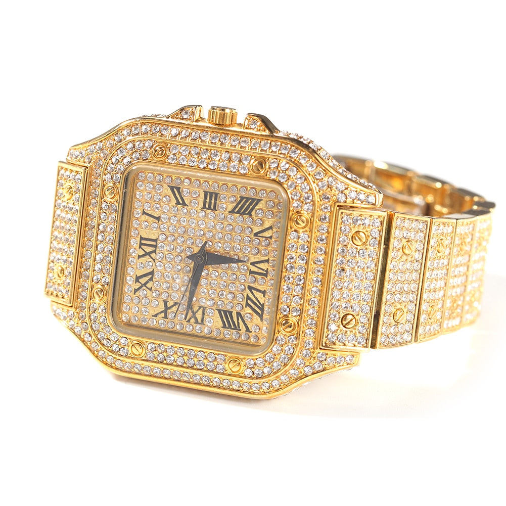 Peris Gems Gold Square Diamond Drill Watch Unisex | Hip Hop Fully Iced Out Stainless Steel Square Diamond Drill Watch Unisex | Hip Hop Fully Iced SHEIN Amazon Temu