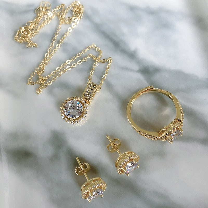 Peris Gems Gold Zircon Jewelry Set for Women | Diamond Ring Necklace Earrings Set Gold Zircon Jewelry Set for Women Ring Necklace Earrings Set SHEIN Amazon Temu