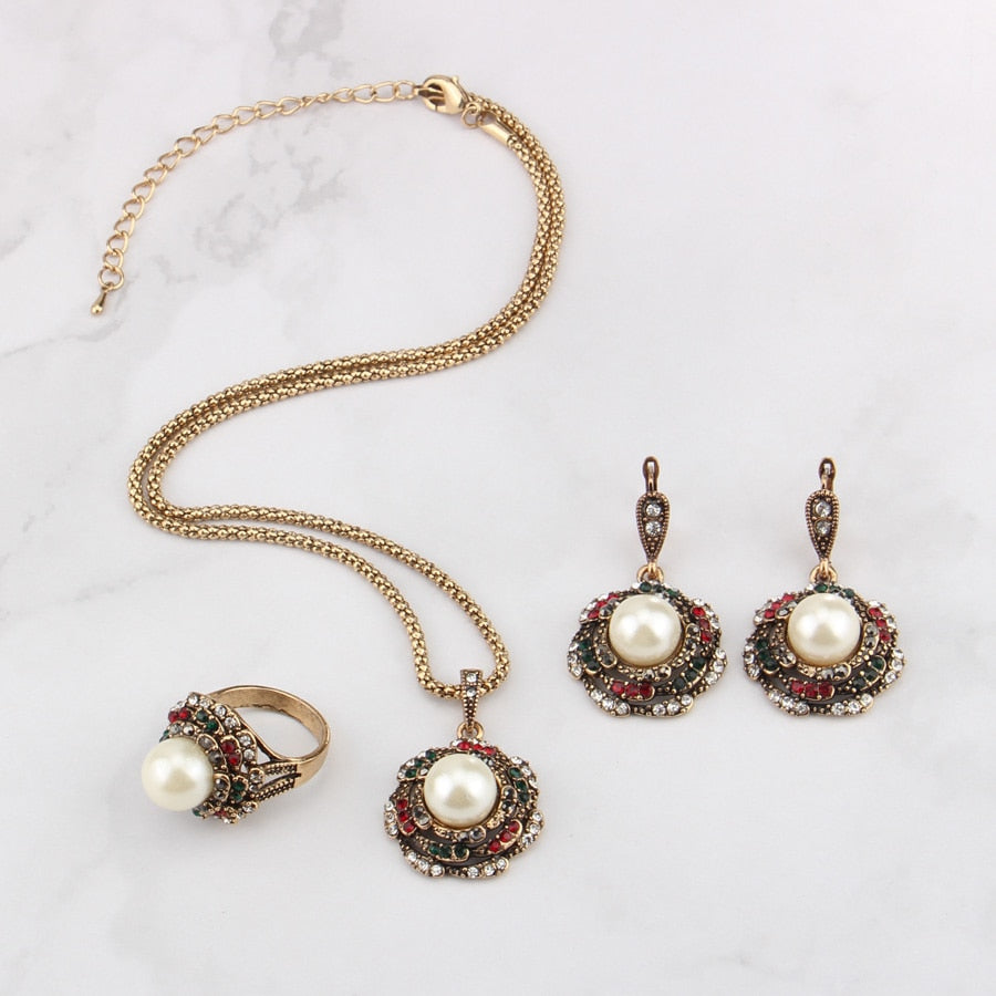 Peris Gems Golden Pearl 3pc Jewelry Set for Women | Antique Gold Crystal Jewelry Golden Pearl 3pc Jewelry Set for Women |Antique Gold Jewelry SHEIN Amazon Temu
