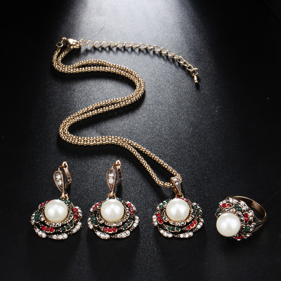 Peris Gems Golden Pearl 3pc Jewelry Set for Women | Antique Gold Crystal Jewelry Golden Pearl 3pc Jewelry Set for Women |Antique Gold Jewelry SHEIN Amazon Temu