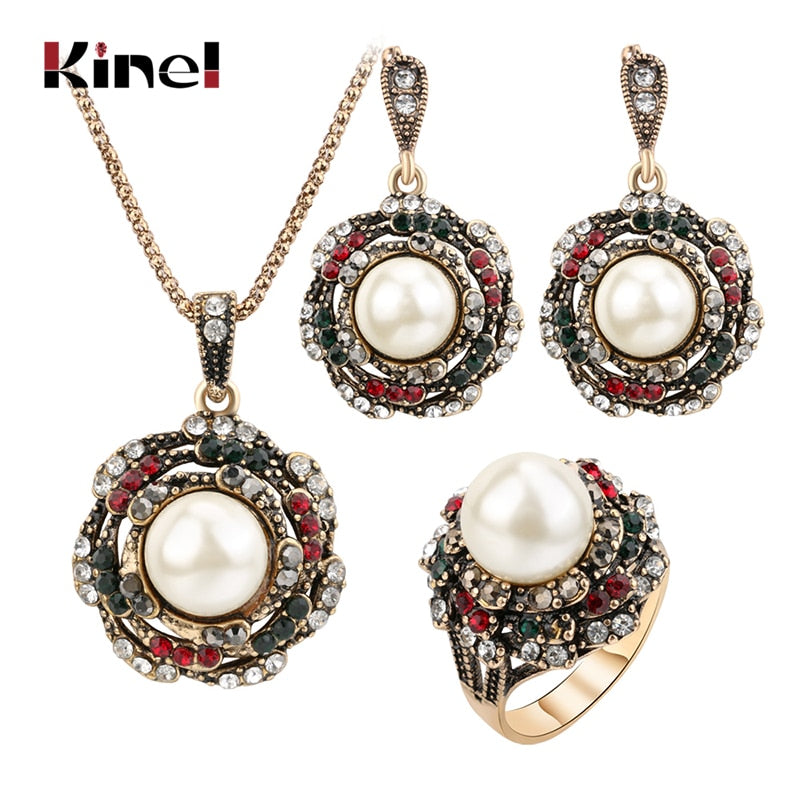 Peris Gems Golden Pearl 3pc Jewelry Set for Women | Antique Gold Crystal Jewelry Golden Pearl 3pc Jewelry Set for Women |Antique Gold Jewelry SHEIN Amazon Temu
