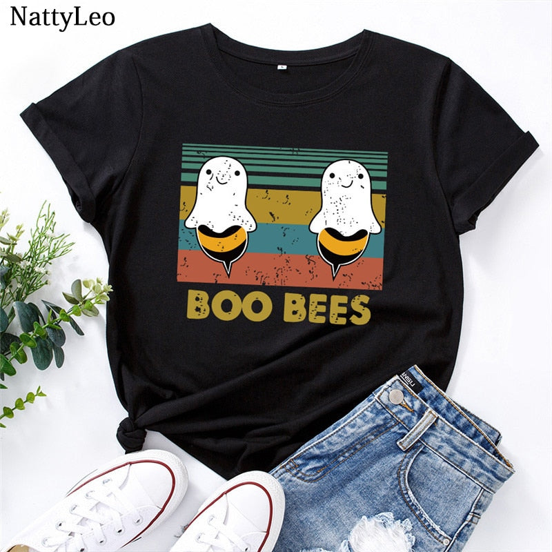 Peris Gems Graphic Print BOO BEES T-Shirt for Women | Halloween Bee Short Sleeve Shirt Graphic Print BOO BEES T-Shirt for Women Halloween Bee Shirt SHEIN Amazon Temu