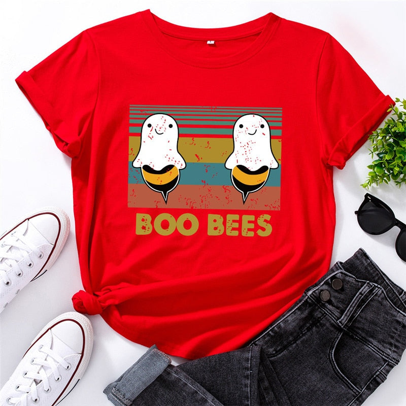Peris Gems Graphic Print BOO BEES T-Shirt for Women | Halloween Bee Short Sleeve Shirt Graphic Print BOO BEES T-Shirt for Women Halloween Bee Shirt SHEIN Amazon Temu