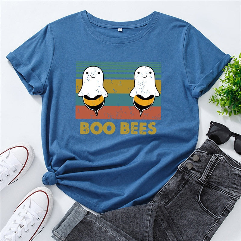 Peris Gems Graphic Print BOO BEES T-Shirt for Women | Halloween Bee Short Sleeve Shirt Graphic Print BOO BEES T-Shirt for Women Halloween Bee Shirt SHEIN Amazon Temu