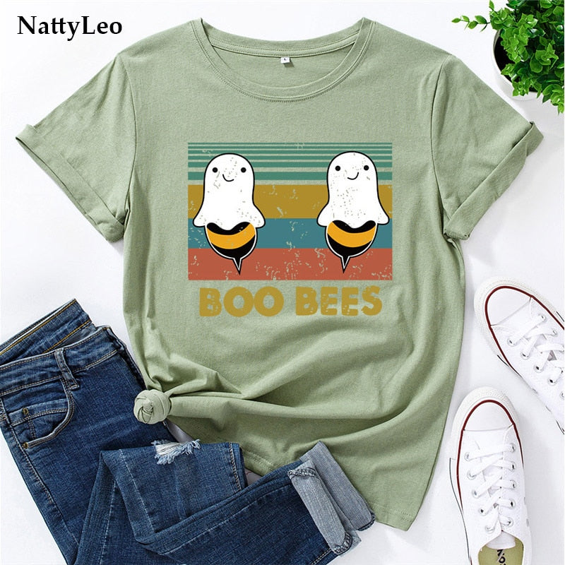 Peris Gems Graphic Print BOO BEES T-Shirt for Women | Halloween Bee Short Sleeve Shirt Graphic Print BOO BEES T-Shirt for Women Halloween Bee Shirt SHEIN Amazon Temu