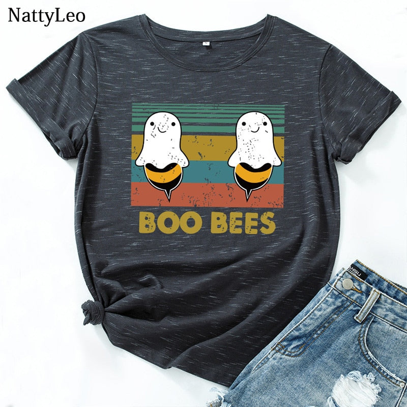 Peris Gems Graphic Print BOO BEES T-Shirt for Women | Halloween Bee Short Sleeve Shirt Graphic Print BOO BEES T-Shirt for Women Halloween Bee Shirt SHEIN Amazon Temu