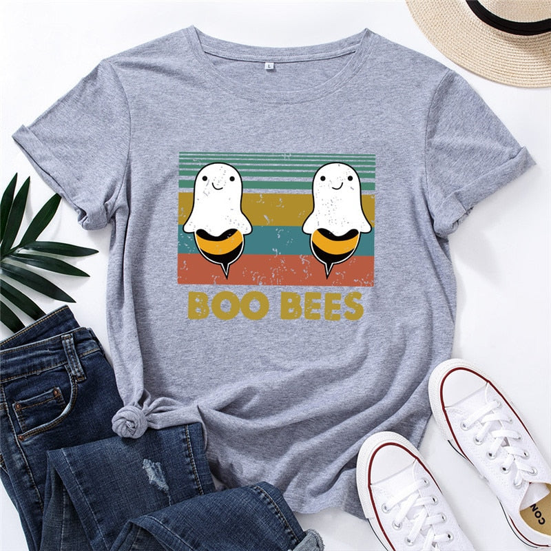 Peris Gems Graphic Print BOO BEES T-Shirt for Women | Halloween Bee Short Sleeve Shirt Graphic Print BOO BEES T-Shirt for Women Halloween Bee Shirt SHEIN Amazon Temu