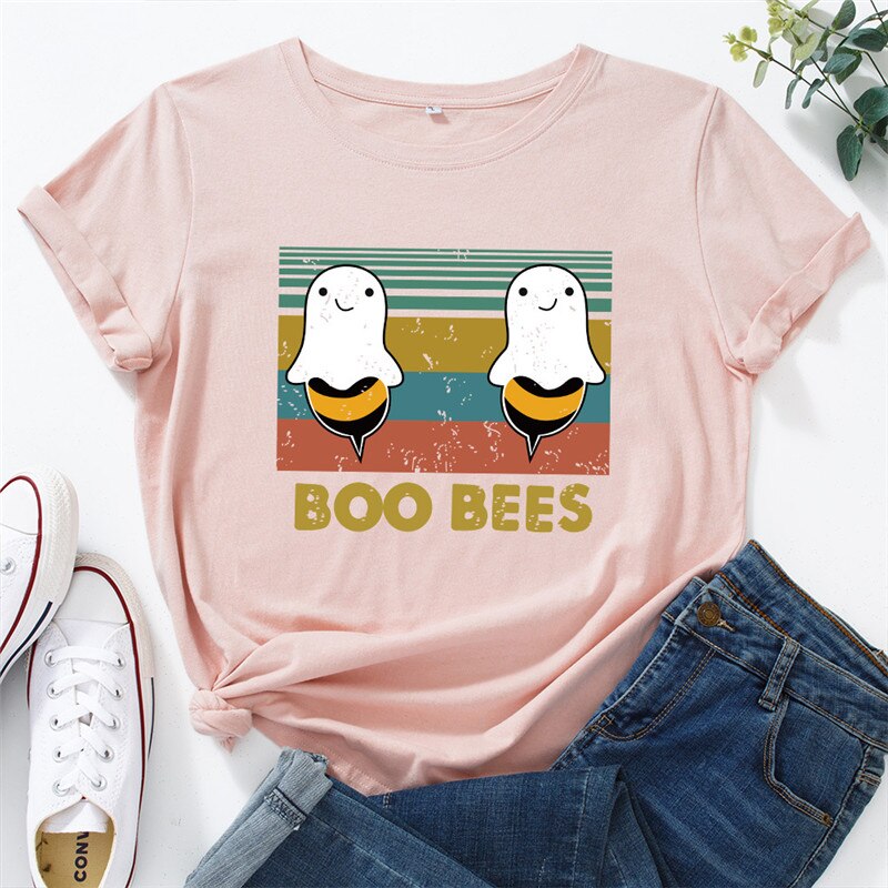 Peris Gems Graphic Print BOO BEES T-Shirt for Women | Halloween Bee Short Sleeve Shirt Graphic Print BOO BEES T-Shirt for Women Halloween Bee Shirt SHEIN Amazon Temu